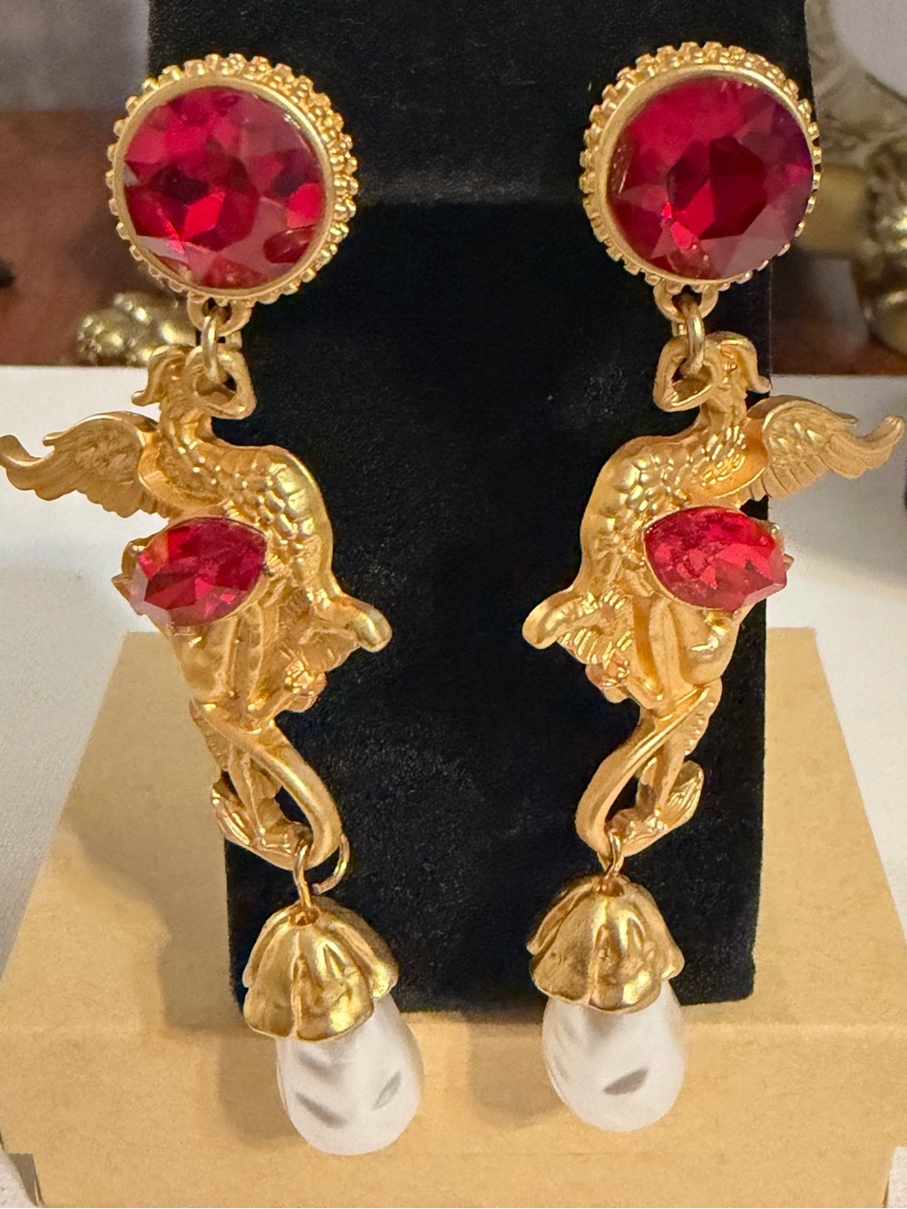 Vintage 1980s Baroque Gold Winged Bird Ruby Glass Pearl Dangle Earrings